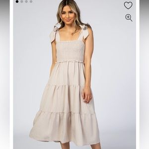NWT PinkBlush Maternity Dress Beige Bow Strap Tiered Midi Dress (size small)